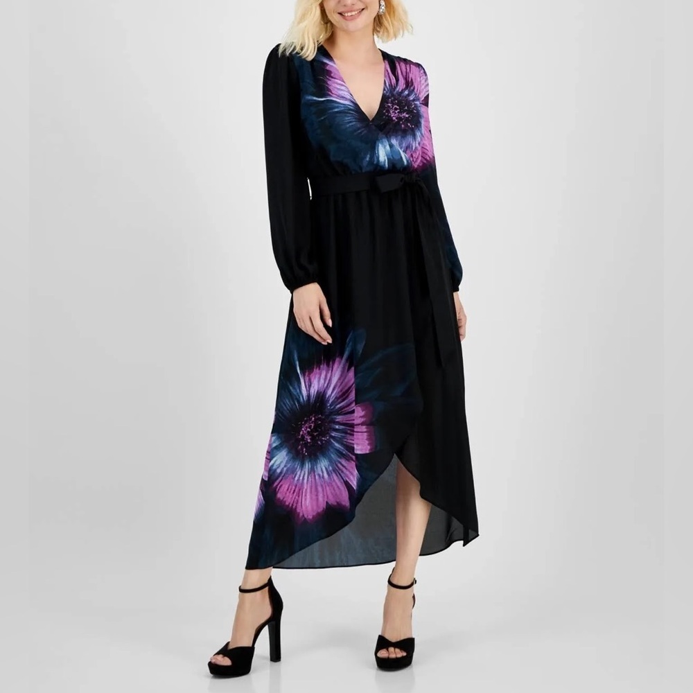 INC International Concepts Harper Plcmnt Petite Faux-Wrap Maxi Dress Purple MP